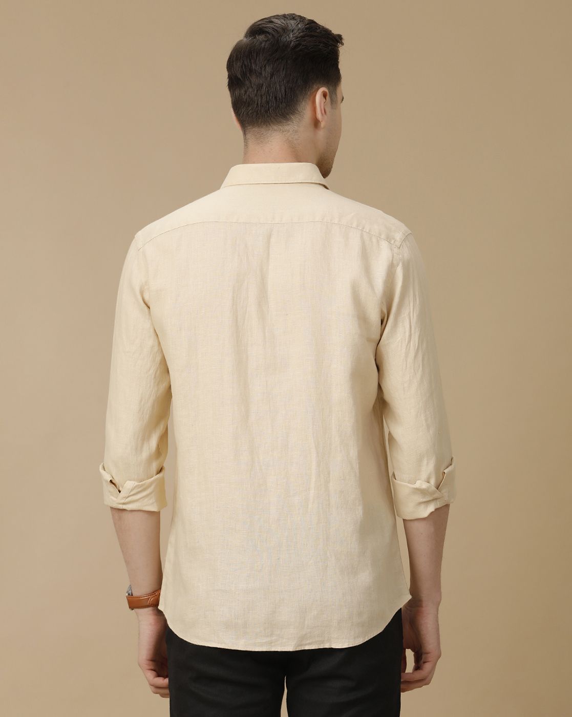 Men's Pure Linen Beige Solid Contemporary Fit Full Sleeve Casual Shirt
