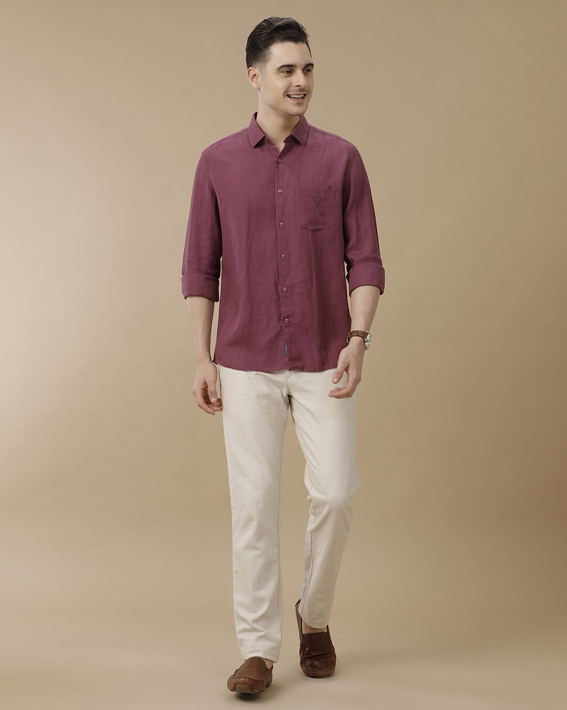 Men's Pure Linen Purple Solid Contemporary Fit Full Sleeve Casual Shirt