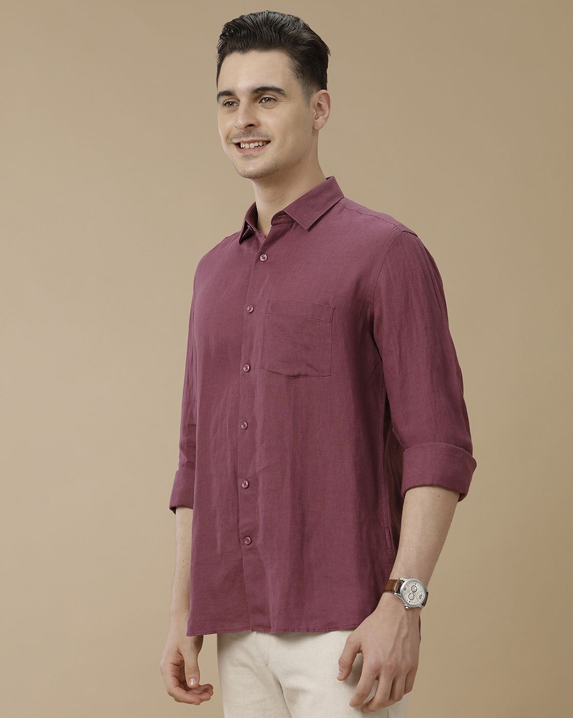 Men's Pure Linen Purple Solid Contemporary Fit Full Sleeve Casual Shirt