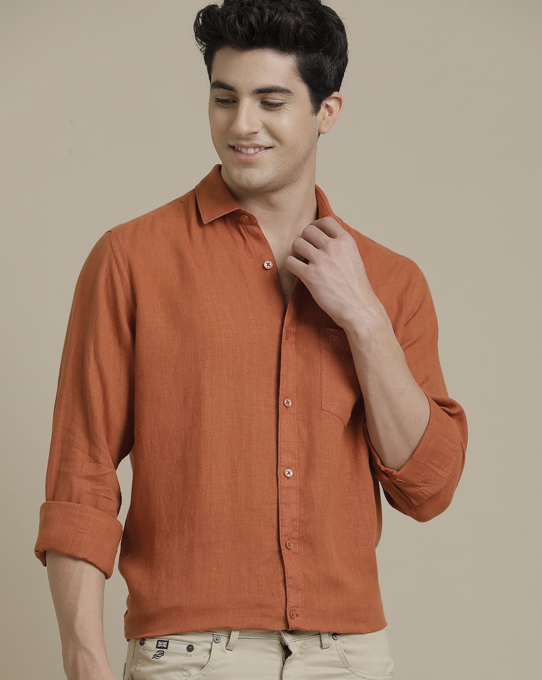 Men's Linen Orange Solid Contemporary Fit Full Sleeve Casual Shirt