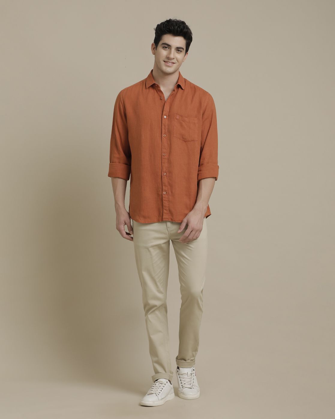 Men's Linen Orange Solid Contemporary Fit Full Sleeve Casual Shirt
