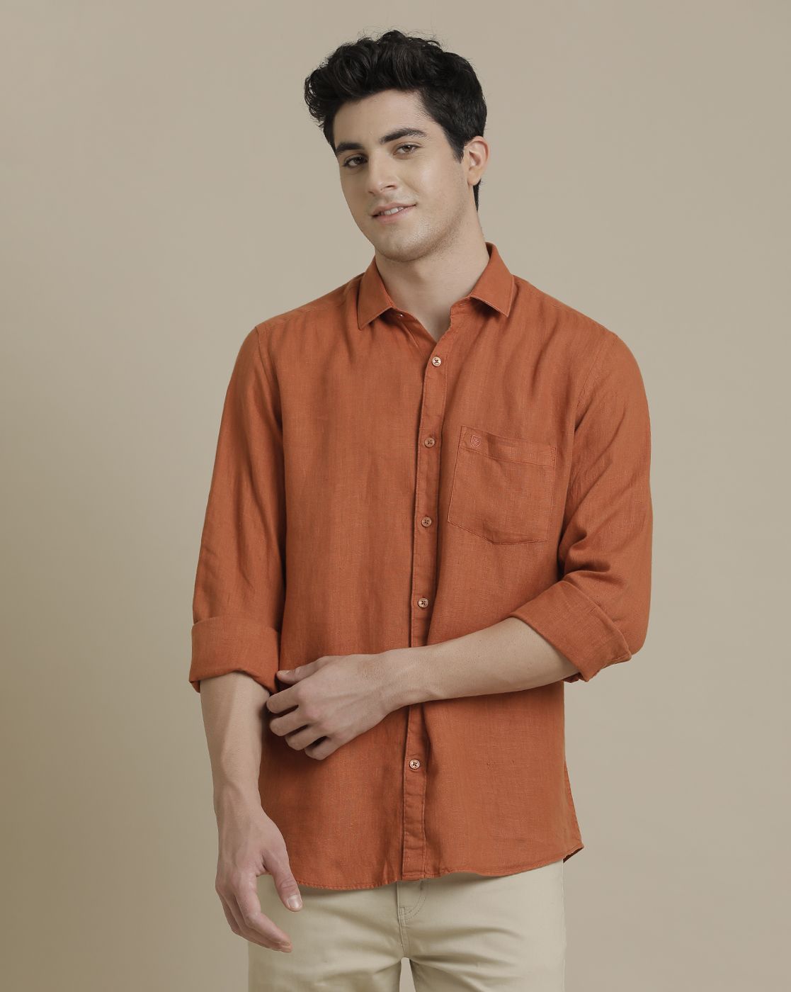 Men's Linen Orange Solid Contemporary Fit Full Sleeve Casual Shirt