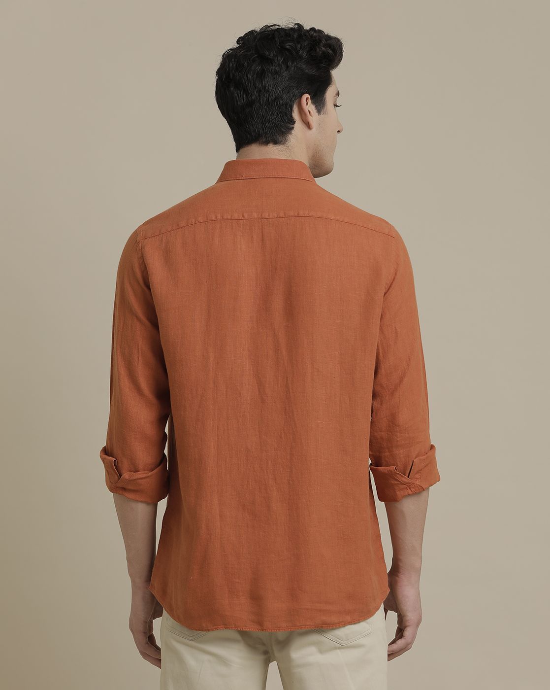 Men's Linen Orange Solid Contemporary Fit Full Sleeve Casual Shirt