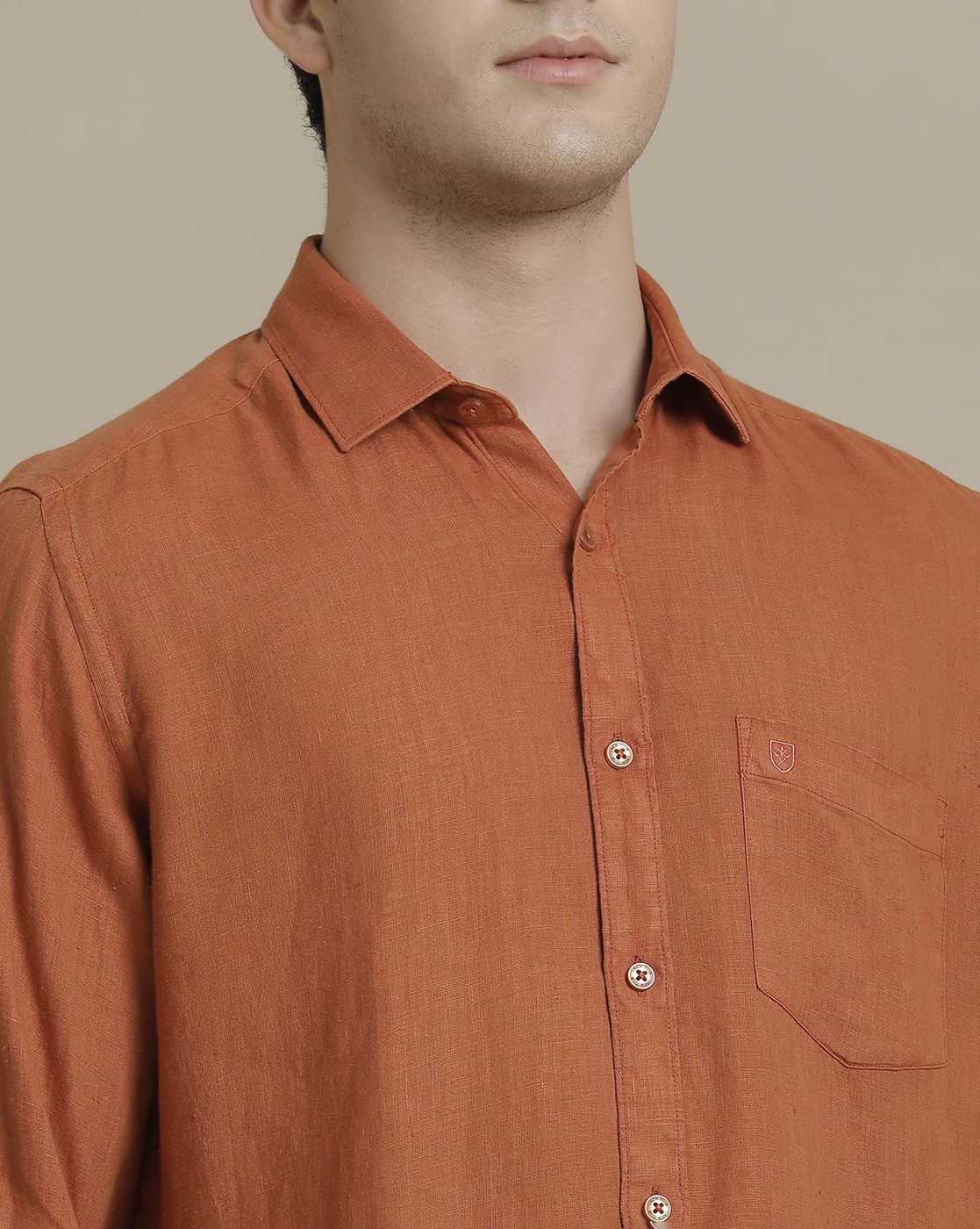 Men's Linen Orange Solid Contemporary Fit Full Sleeve Casual Shirt