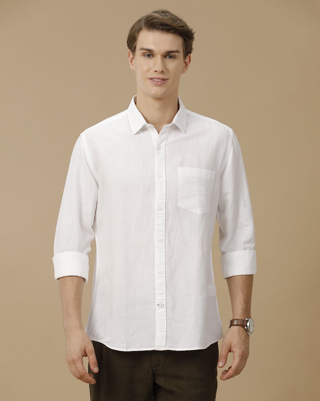 Men's Linen Rich White Solid Contemporary Fit Full Sleeve Casual Shirt