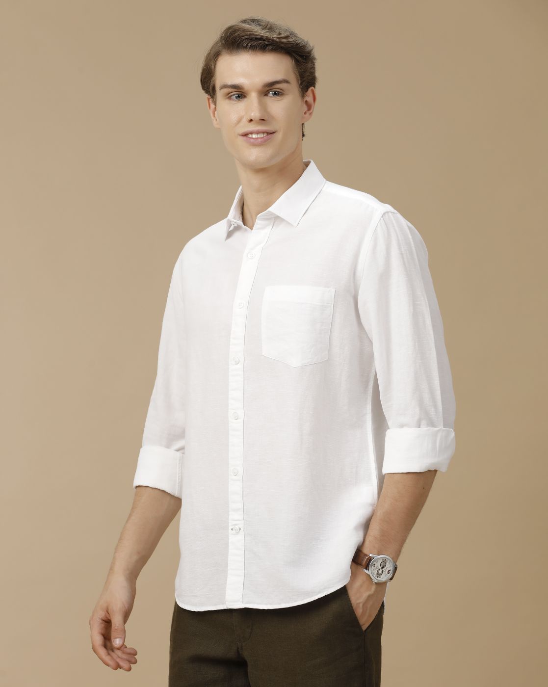 Men's Linen Rich White Solid Contemporary Fit Full Sleeve Casual Shirt