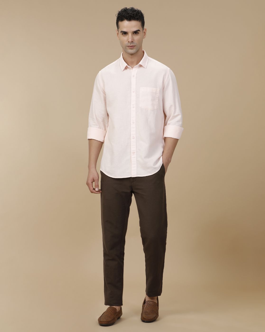 Linen Club Men's Linen Rich Pink Solid Contemporary Fit Full Sleeve Casual Shirt