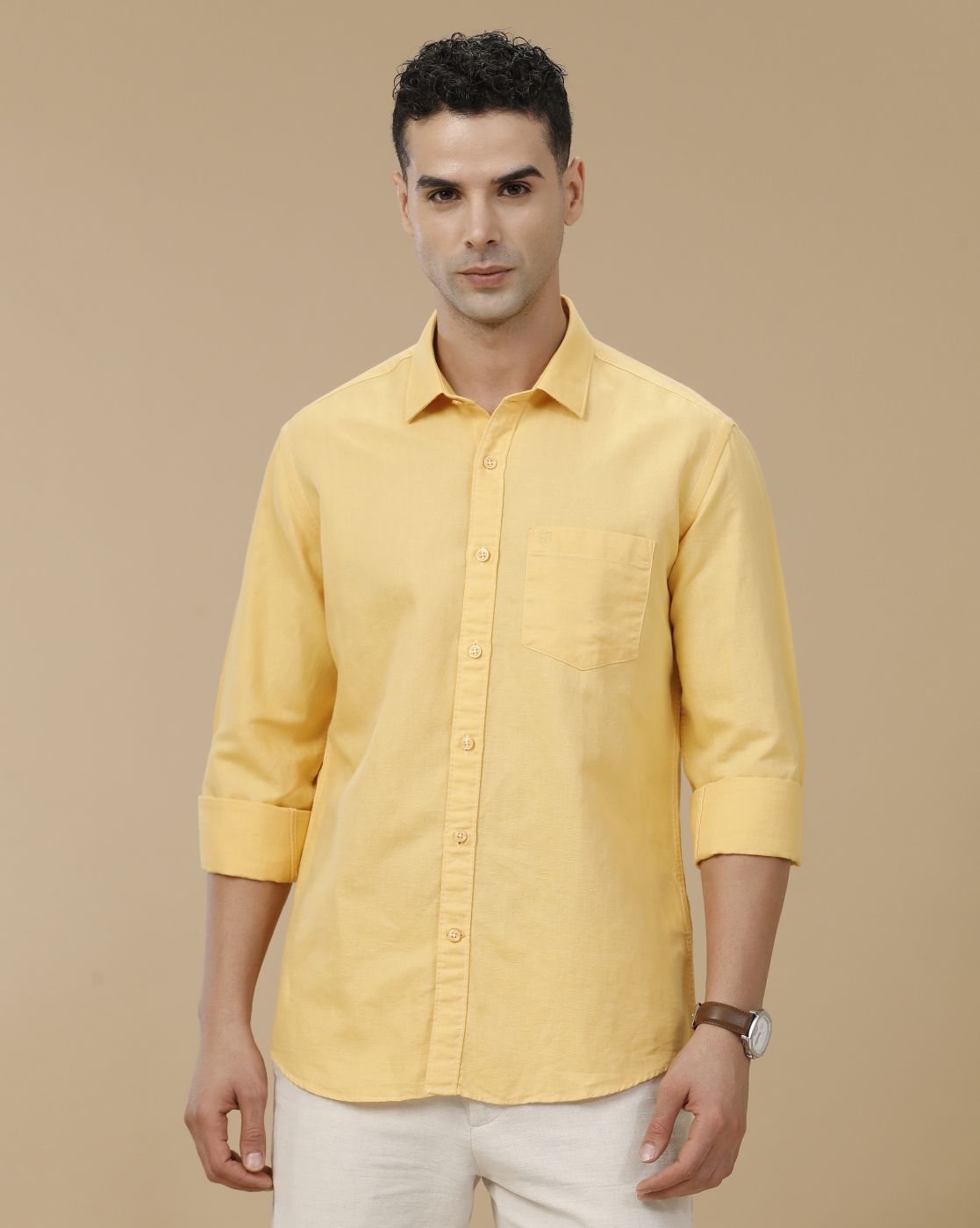 Linen Club Men's Linen Rich Yellow Solid Contemporary Fit Full Sleeve Casual Shirt