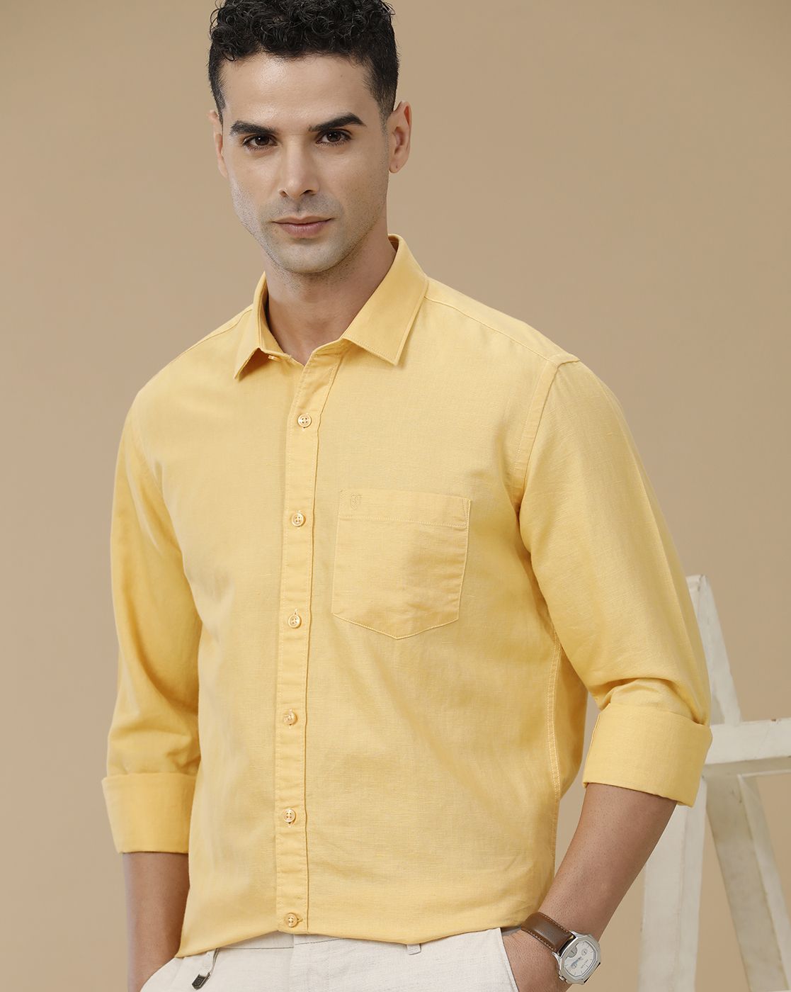 Linen Club Men's Linen Rich Yellow Solid Contemporary Fit Full Sleeve Casual Shirt