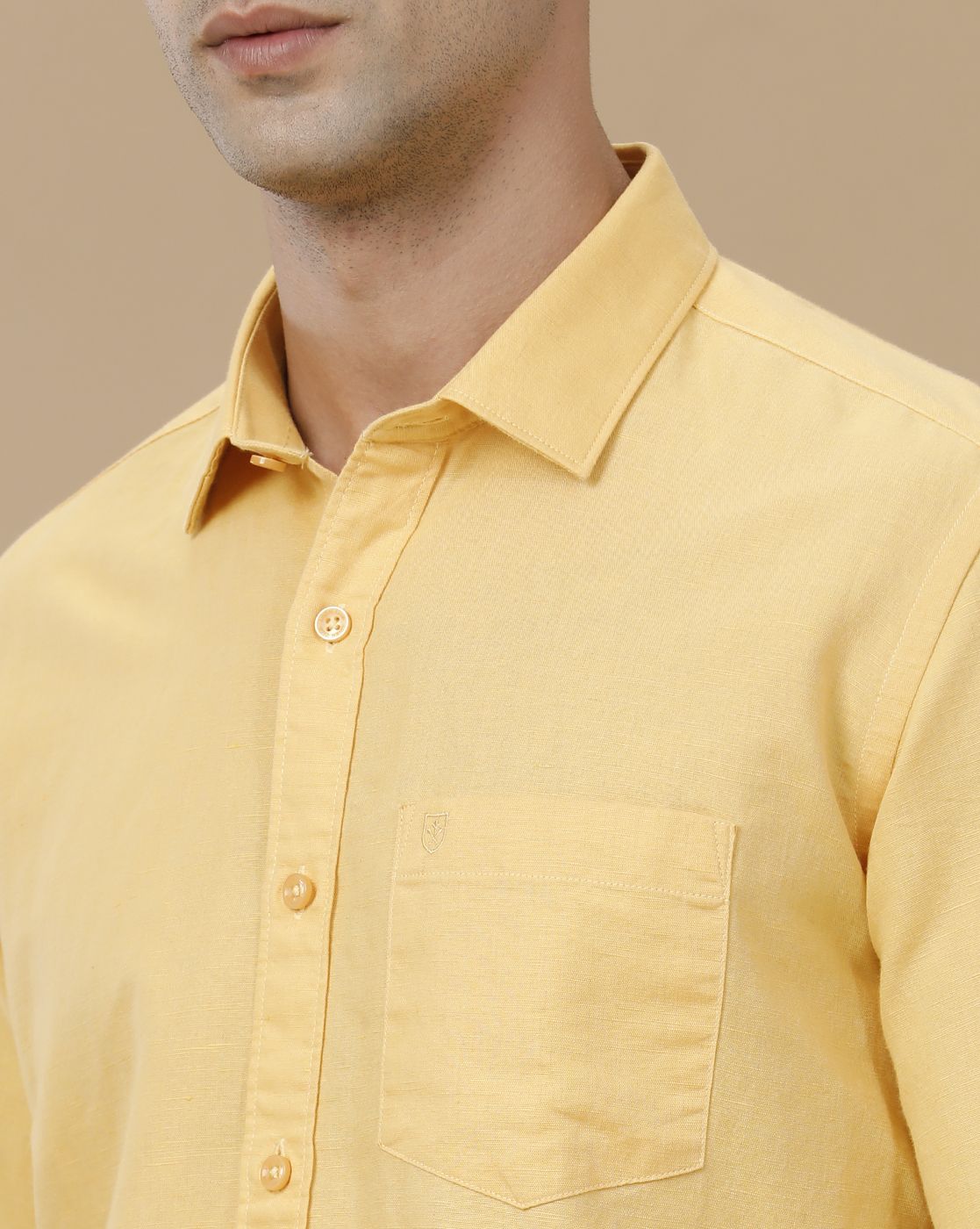 Linen Club Men's Linen Rich Yellow Solid Contemporary Fit Full Sleeve Casual Shirt