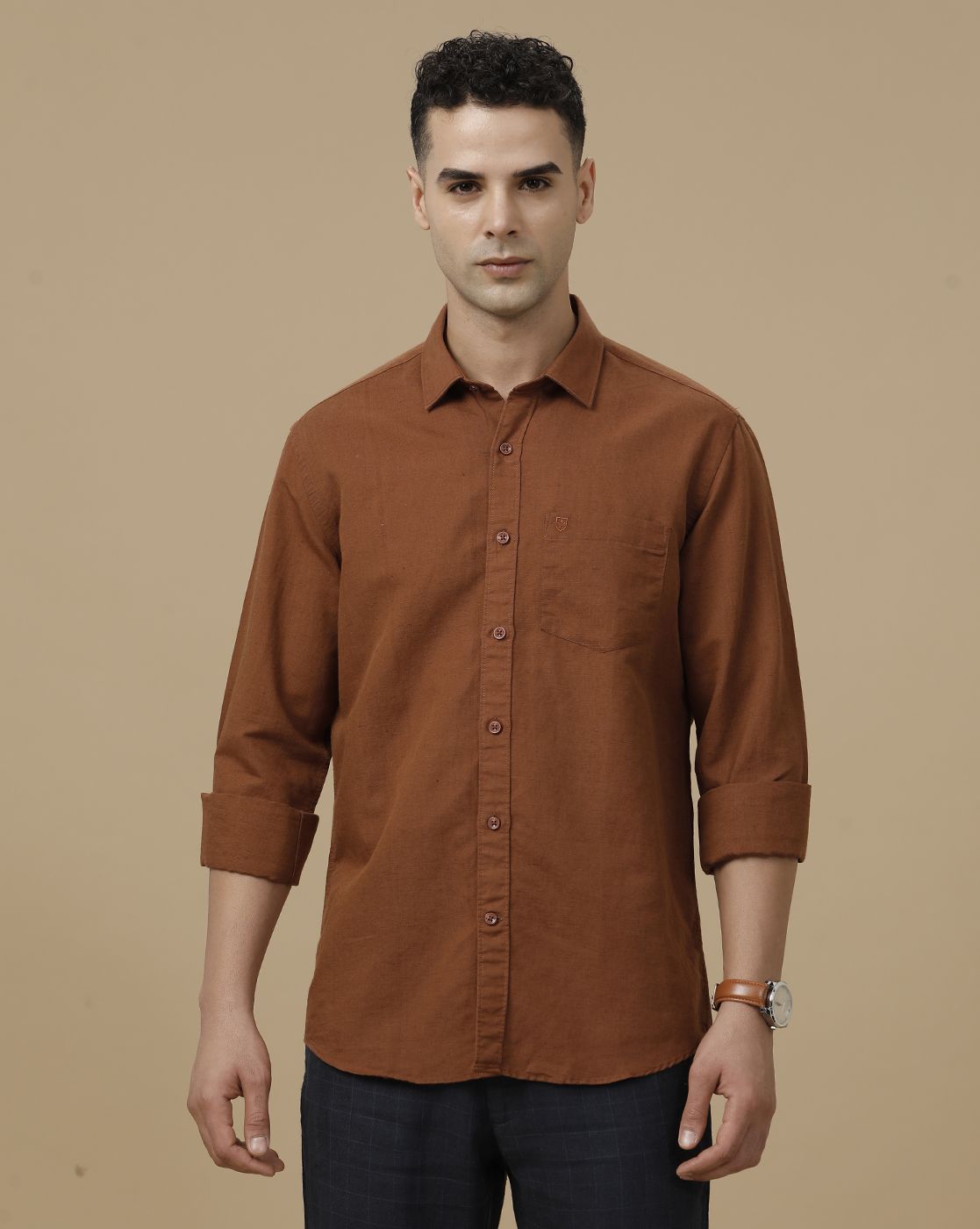 Linen Club Men's Linen Rich Brown Solid Contemporary Fit Full Sleeve Casual Shirt