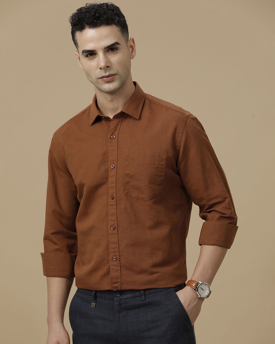Linen Club Men's Linen Rich Brown Solid Contemporary Fit Full Sleeve Casual Shirt