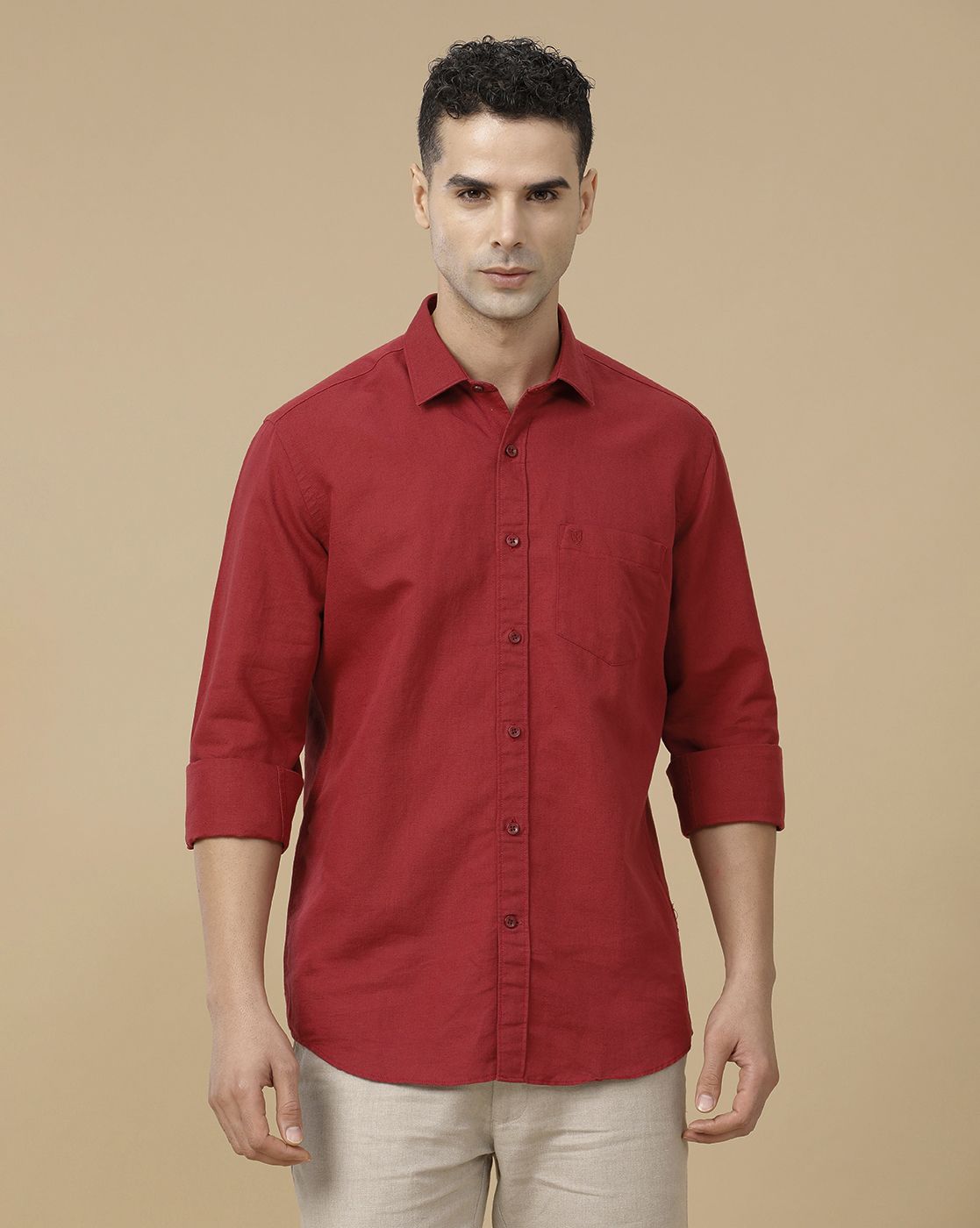 Linen Club Men's Linen Rich Red Solid Contemporary Fit Full Sleeve Casual Shirt