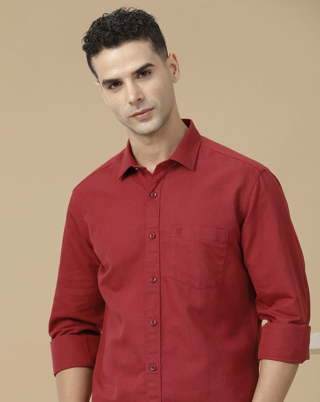 Linen Club Men's Linen Rich Red Solid Contemporary Fit Full Sleeve Casual Shirt