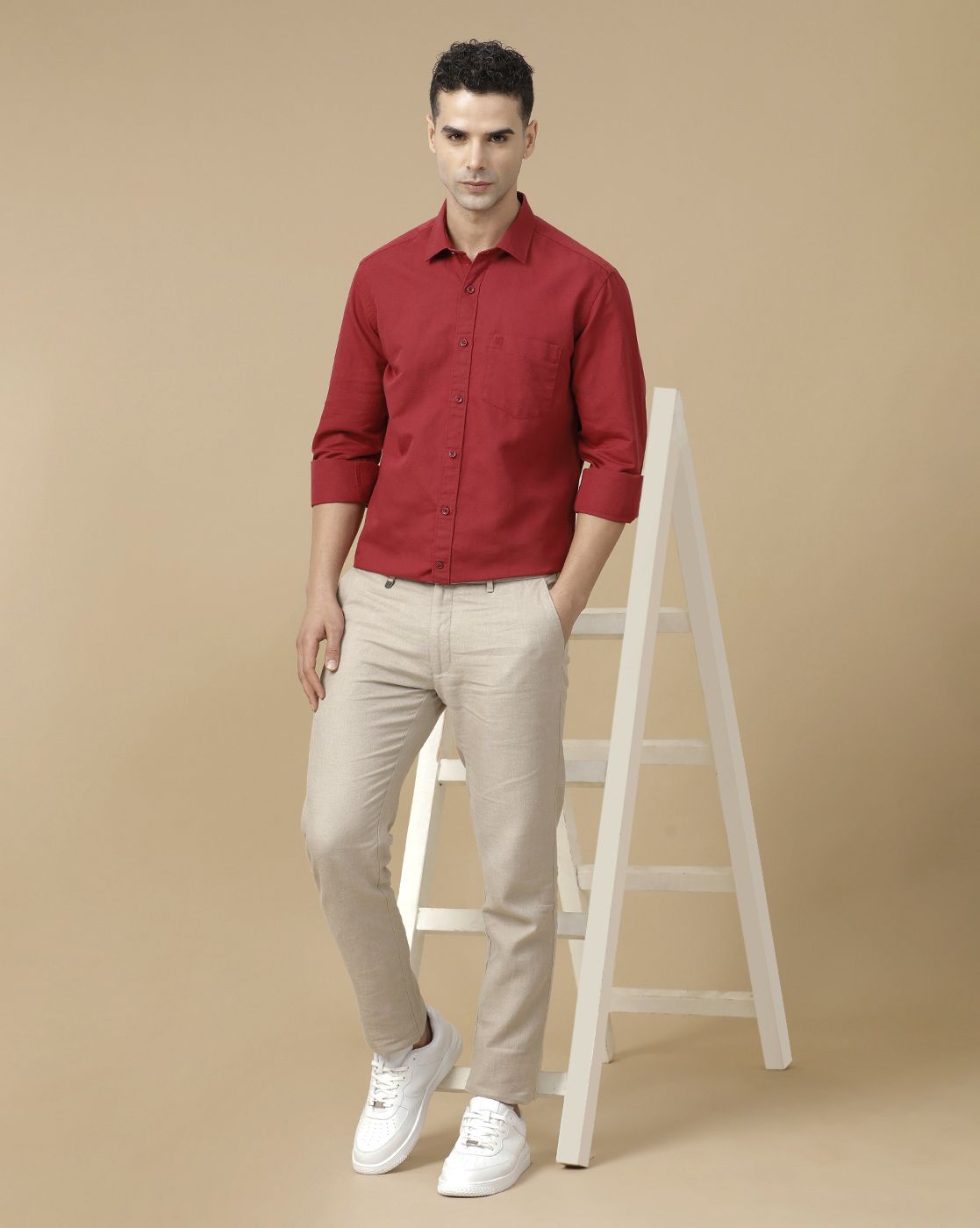Linen Club Men's Linen Rich Red Solid Contemporary Fit Full Sleeve Casual Shirt
