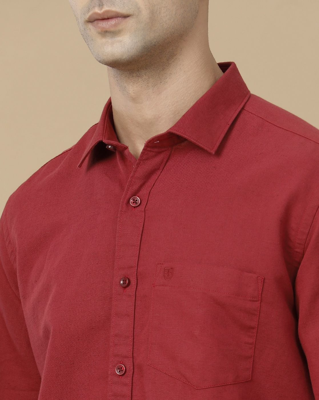 Linen Club Men's Linen Rich Red Solid Contemporary Fit Full Sleeve Casual Shirt