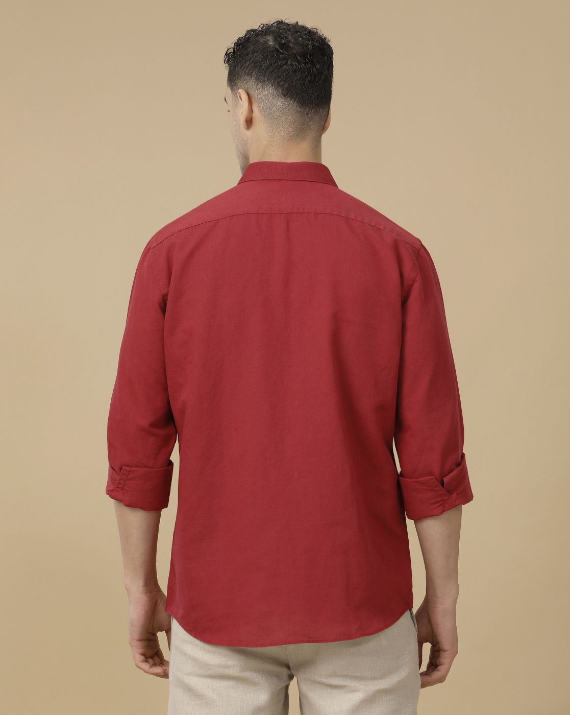 Linen Club Men's Linen Rich Red Solid Contemporary Fit Full Sleeve Casual Shirt