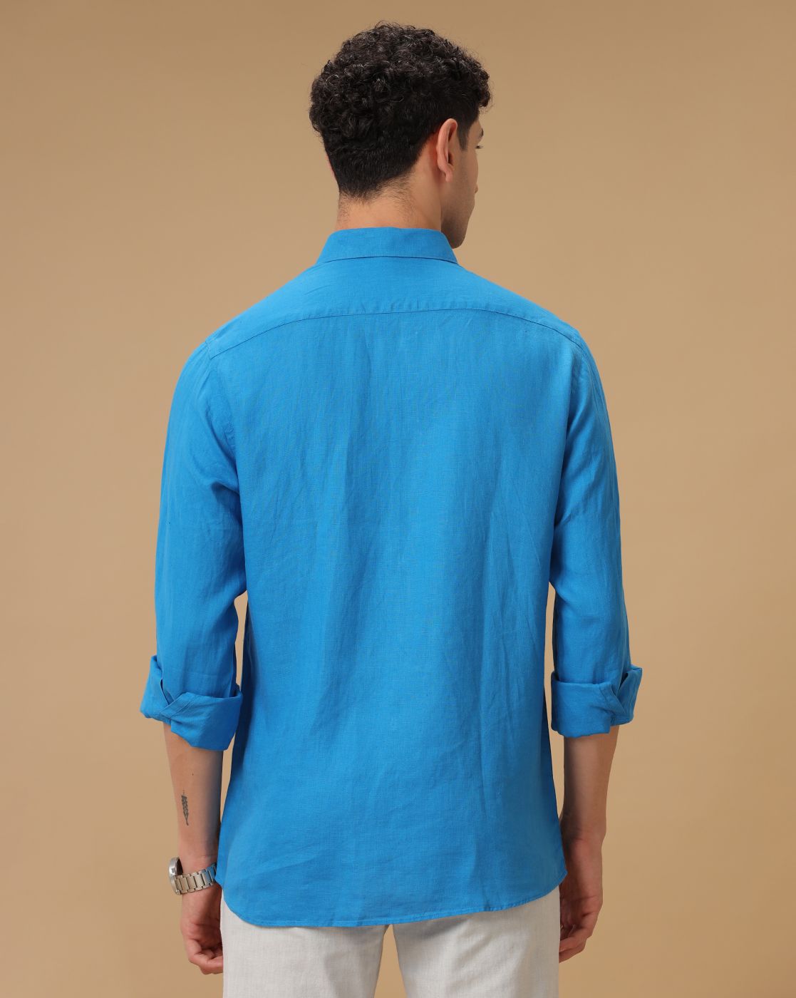 Men's Pure Linen Blue Solid Contemporary Fit Full Sleeve Casual Shirt