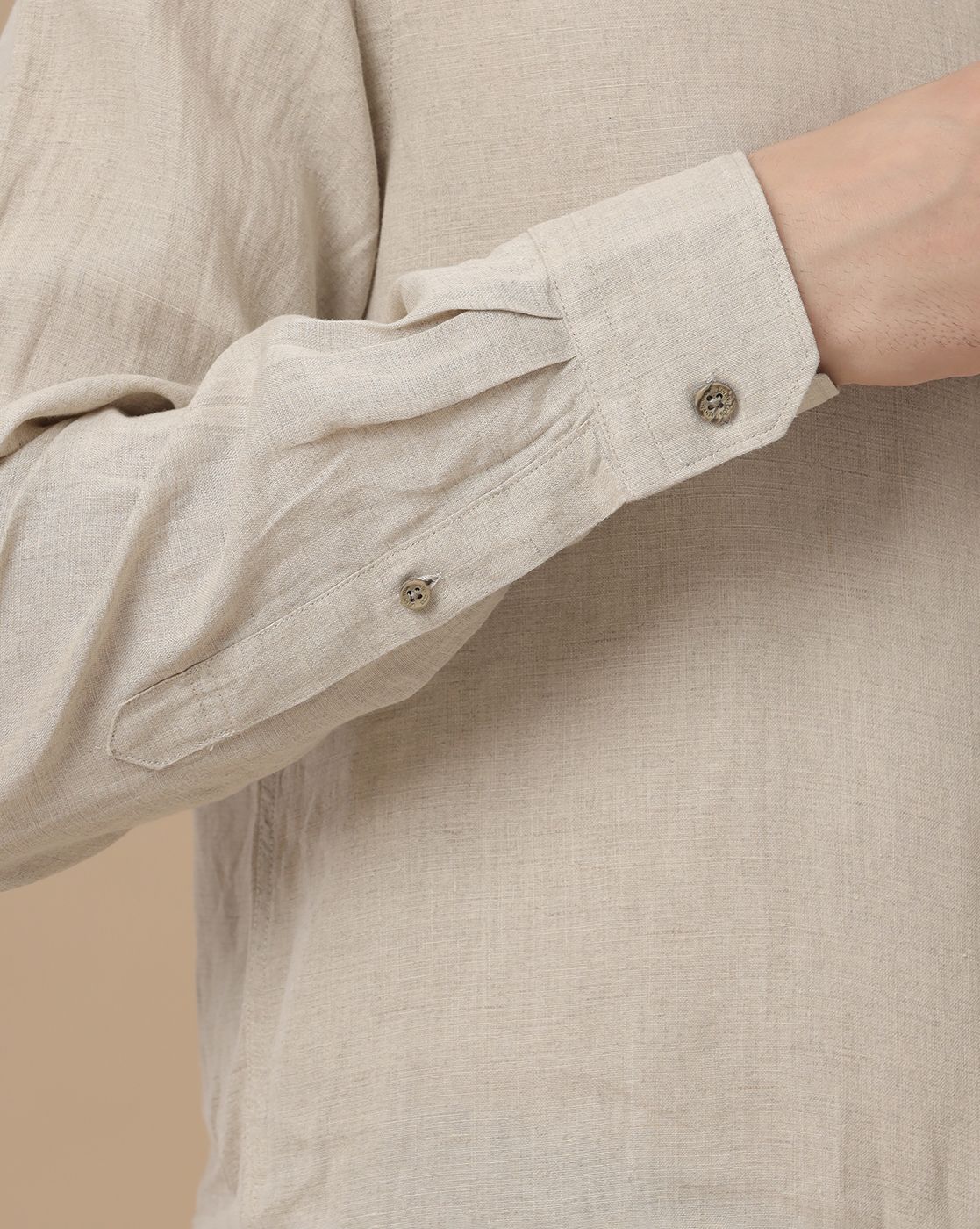 Men's Pure Linen Beige Solid Contemporary Fit Full Sleeve Casual Shirt