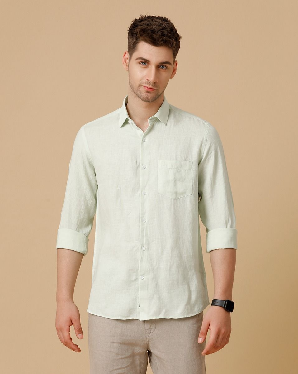 Men's Pure Linen Green Solid Contemporary Fit Full Sleeve Sleeve Casual Shirt