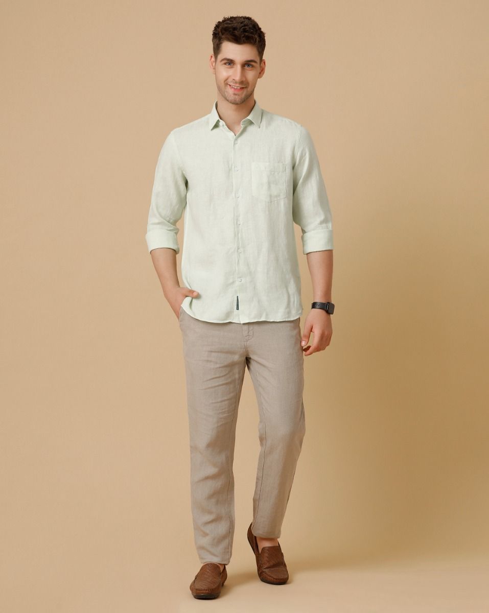 Men's Pure Linen Green Solid Contemporary Fit Full Sleeve Sleeve Casual Shirt