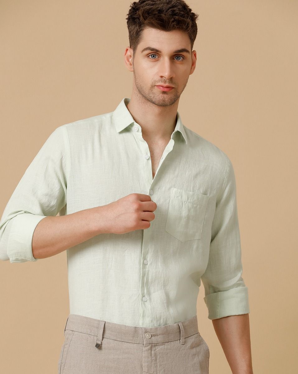 Men's Pure Linen Green Solid Contemporary Fit Full Sleeve Sleeve Casual Shirt