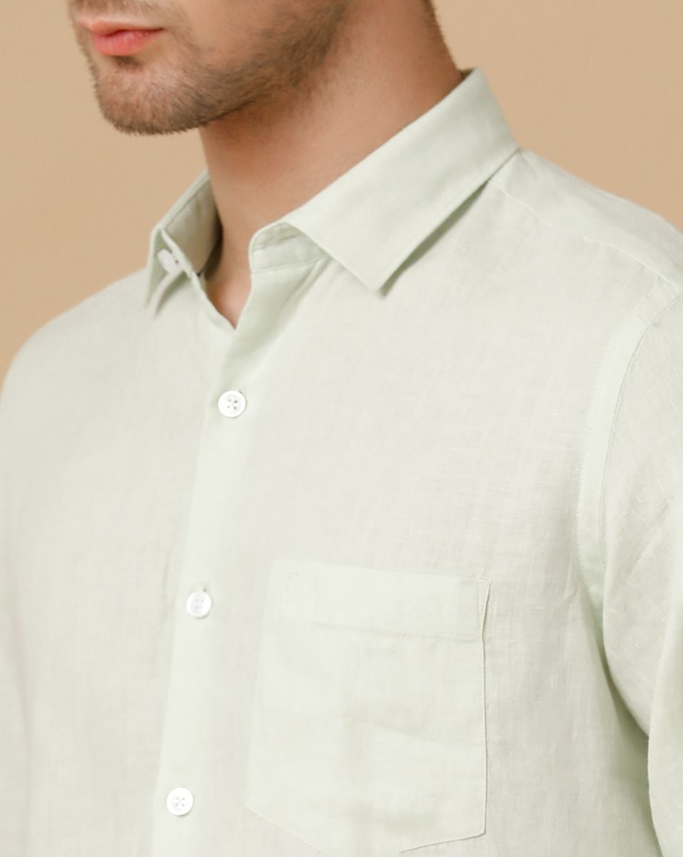 Men's Pure Linen Green Solid Contemporary Fit Full Sleeve Sleeve Casual Shirt