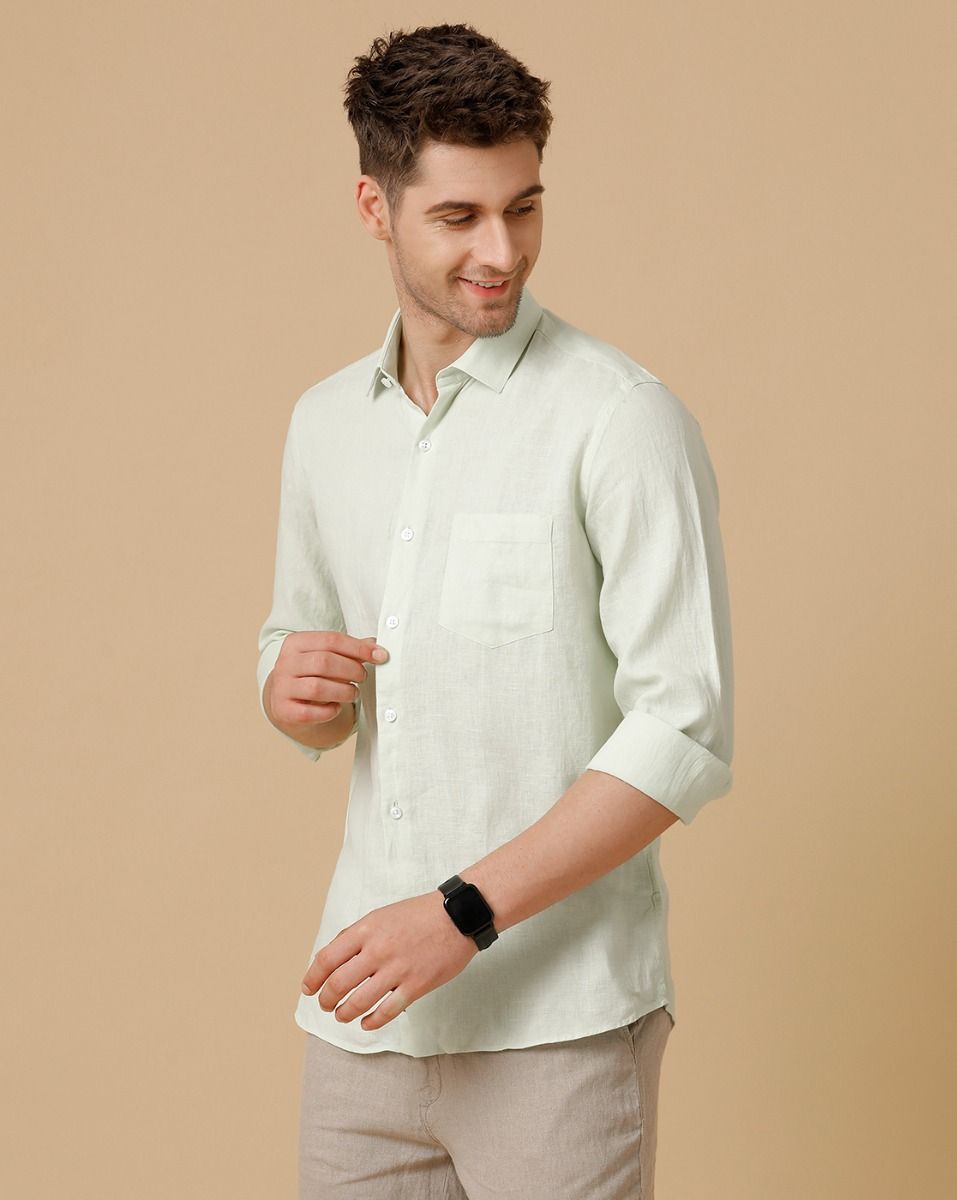 Men's Pure Linen Green Solid Contemporary Fit Full Sleeve Sleeve Casual Shirt