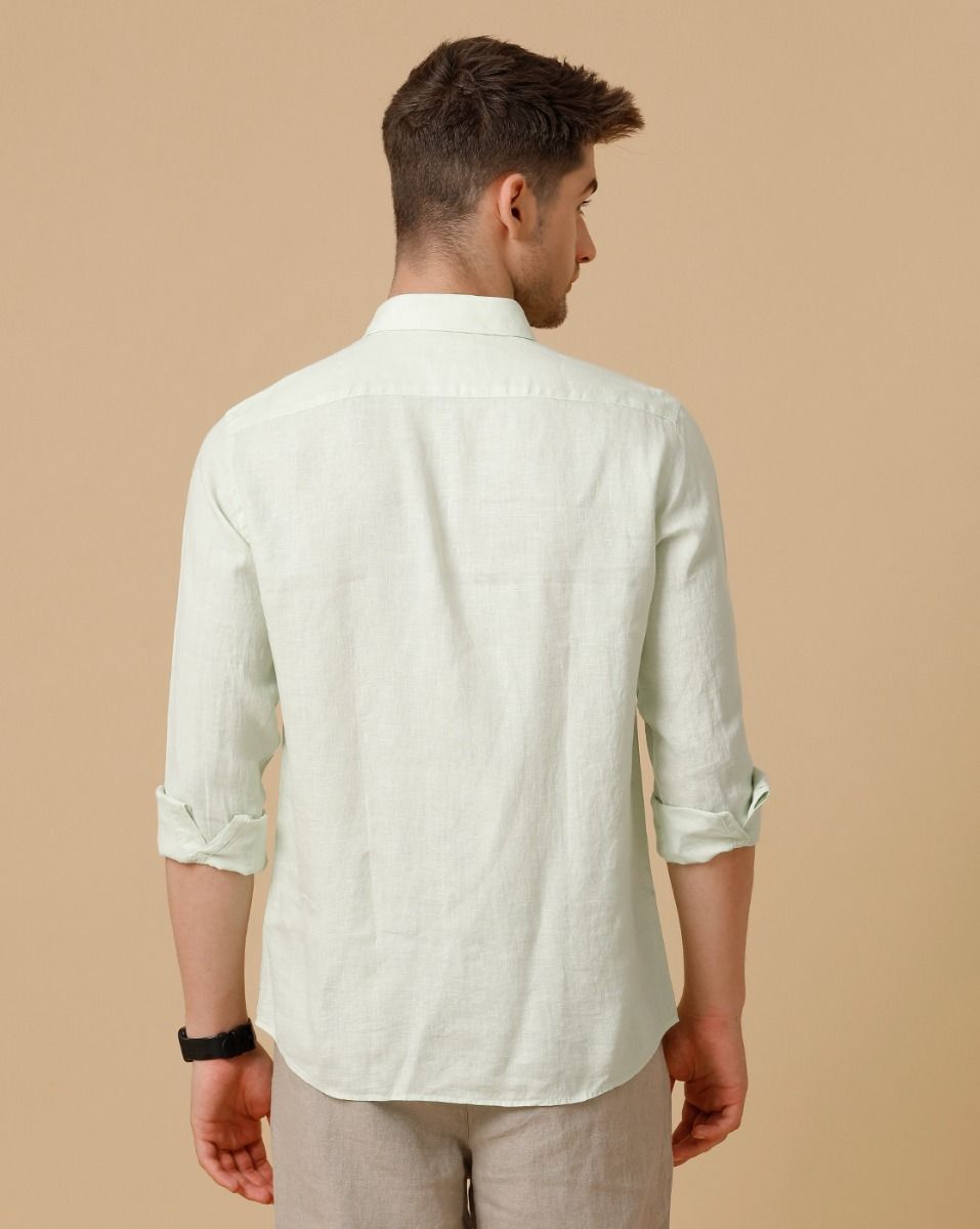 Men's Pure Linen Green Solid Contemporary Fit Full Sleeve Sleeve Casual Shirt