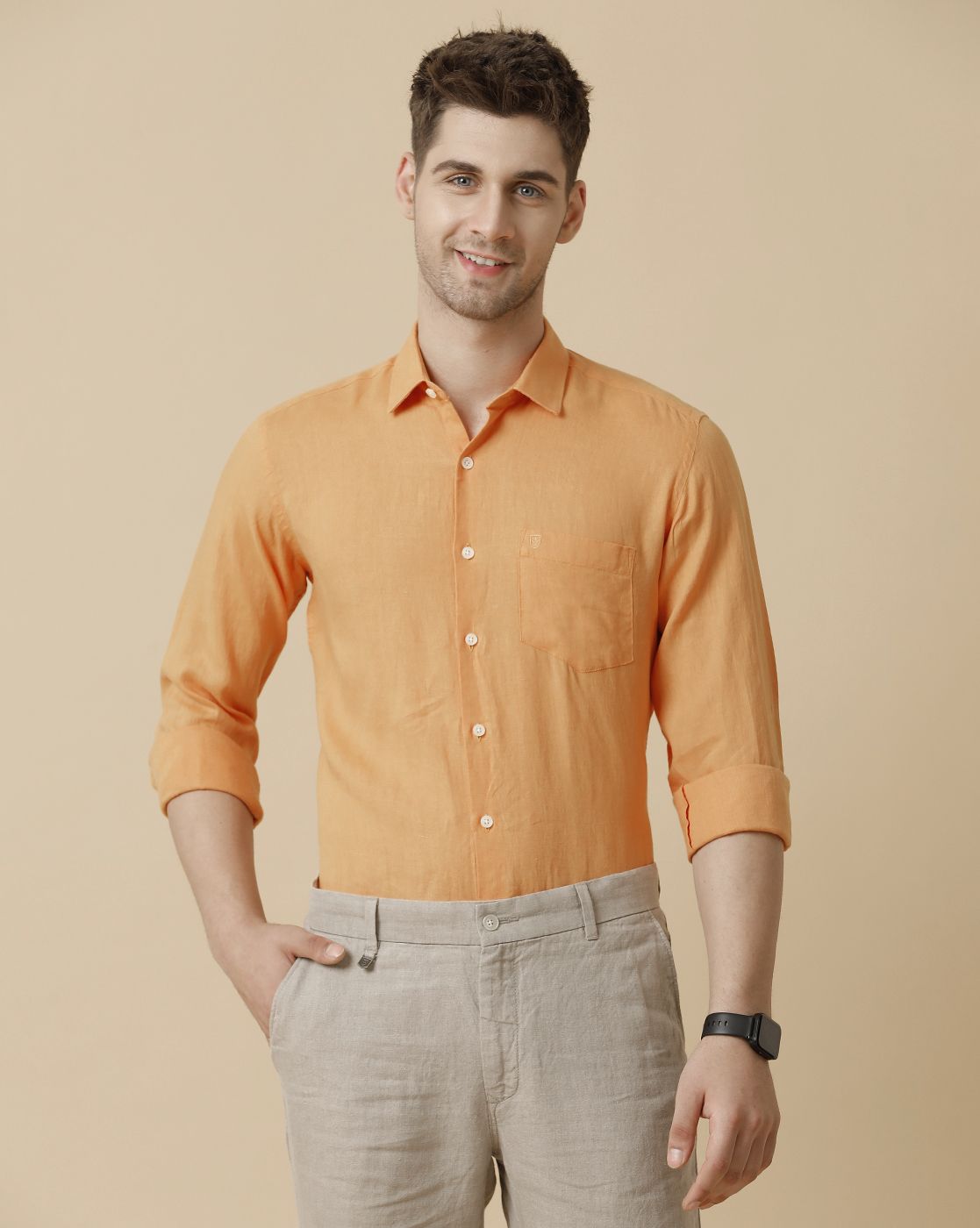 Men's Pure Linen Orange Solid Contemporary Fit Full Sleeve Sleeve Casual Shirt