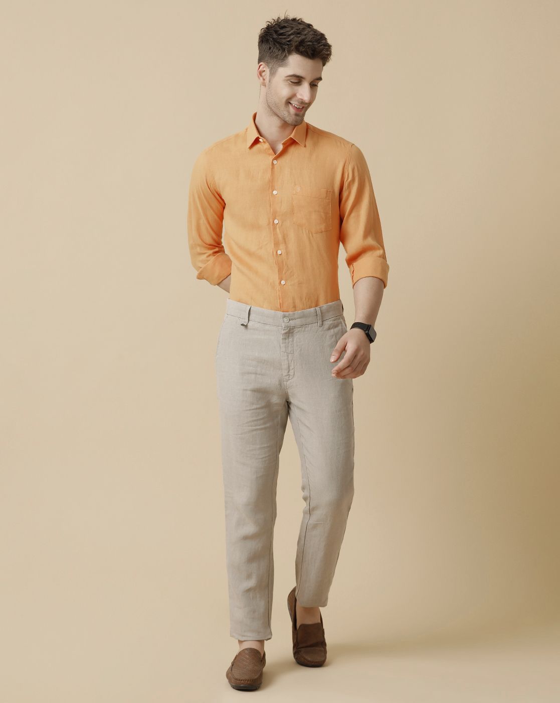 Men's Pure Linen Orange Solid Contemporary Fit Full Sleeve Sleeve Casual Shirt