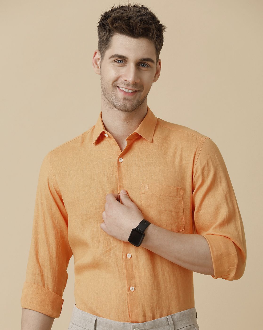 Men's Pure Linen Orange Solid Contemporary Fit Full Sleeve Sleeve Casual Shirt