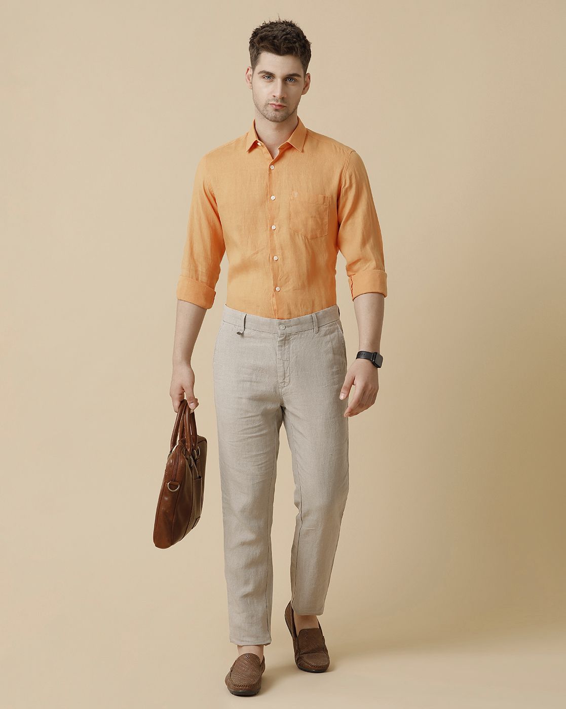 Men's Pure Linen Orange Solid Contemporary Fit Full Sleeve Sleeve Casual Shirt
