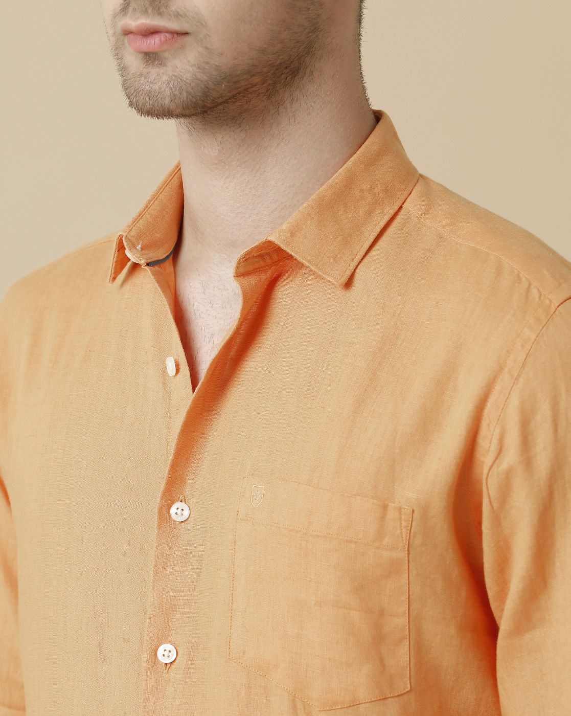 Men's Pure Linen Orange Solid Contemporary Fit Full Sleeve Sleeve Casual Shirt