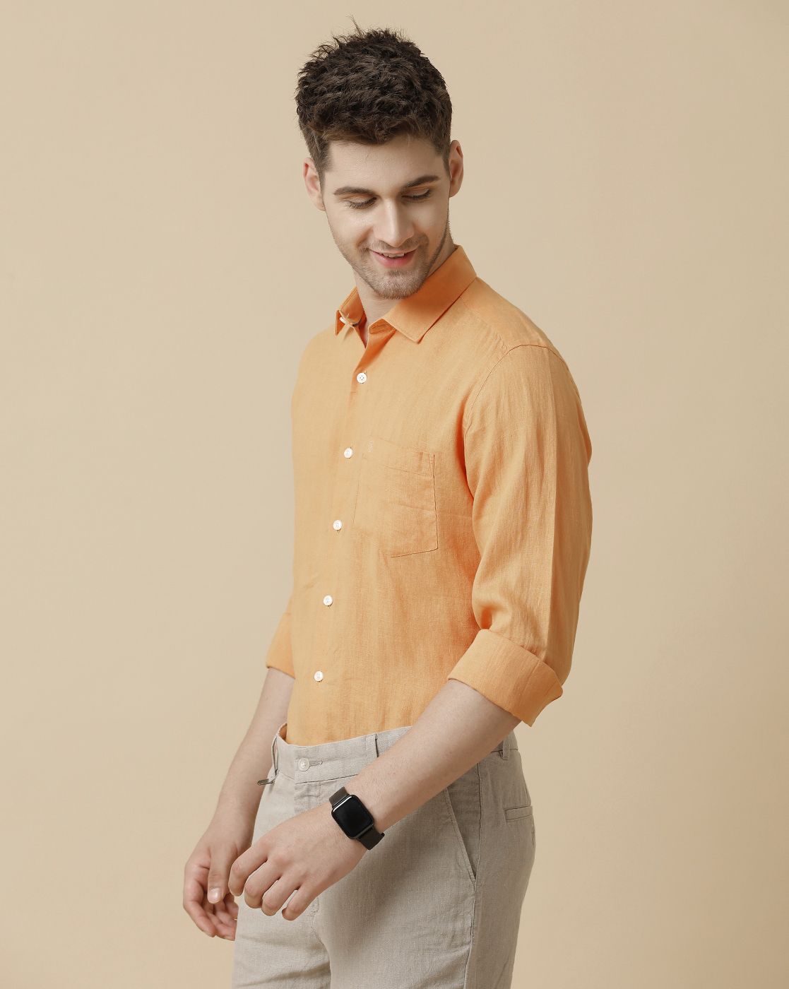 Men's Pure Linen Orange Solid Contemporary Fit Full Sleeve Sleeve Casual Shirt