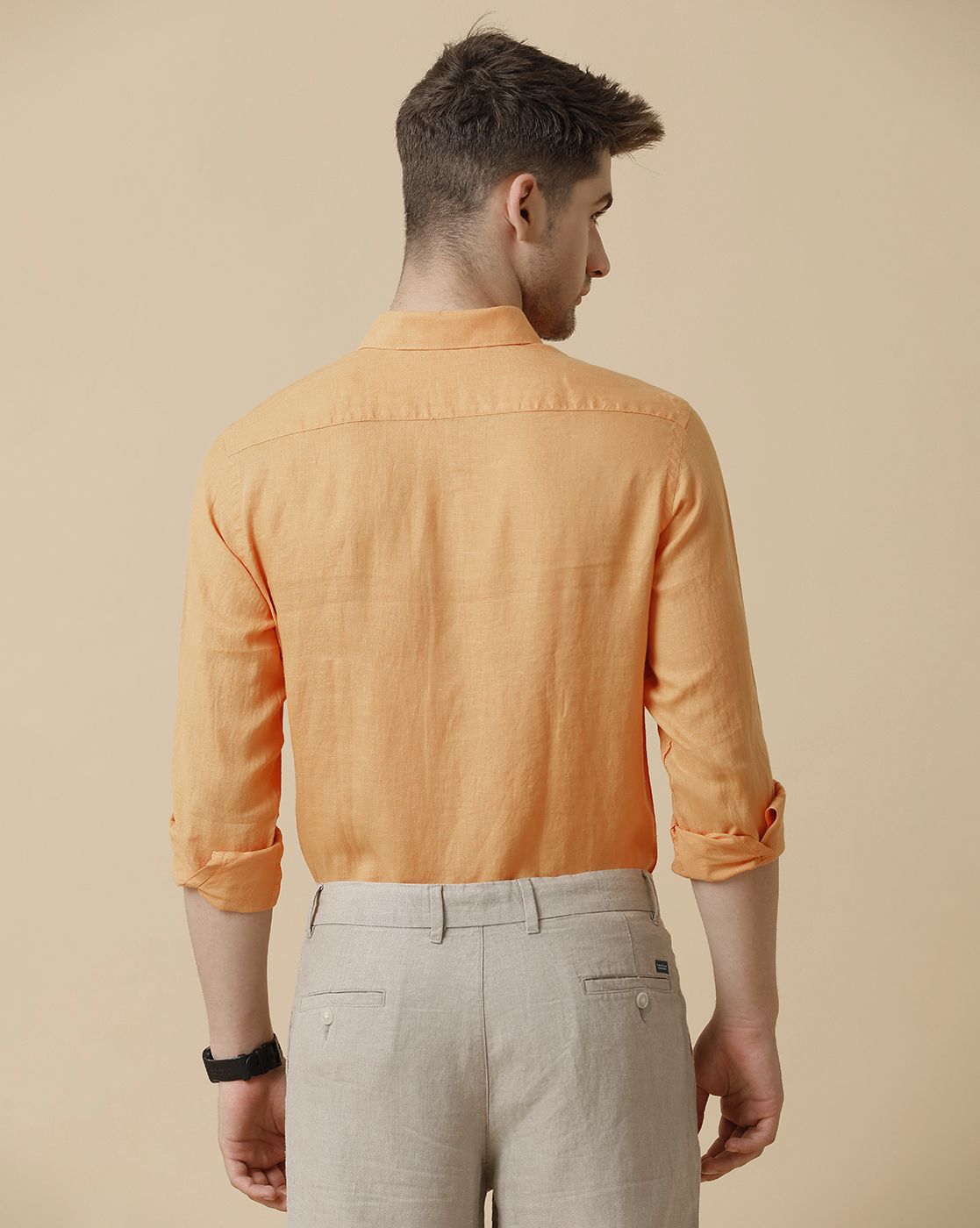Men's Pure Linen Orange Solid Contemporary Fit Full Sleeve Sleeve Casual Shirt