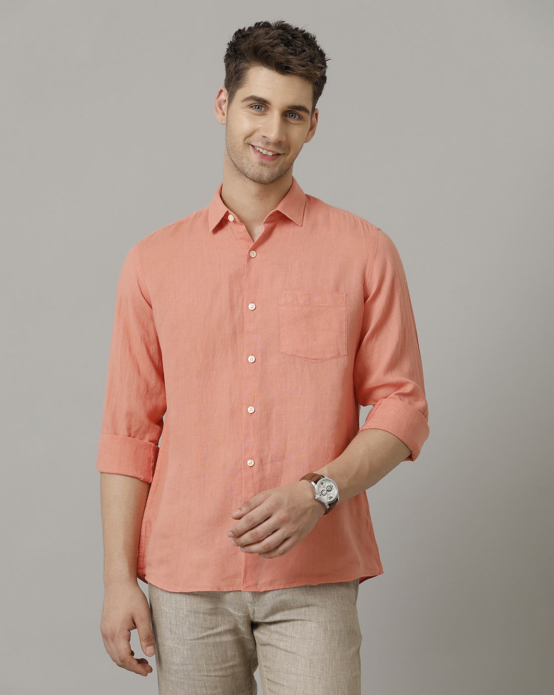 Men's Pure Linen Red Solid Contemporary Fit Full Sleeve Casual Shirt