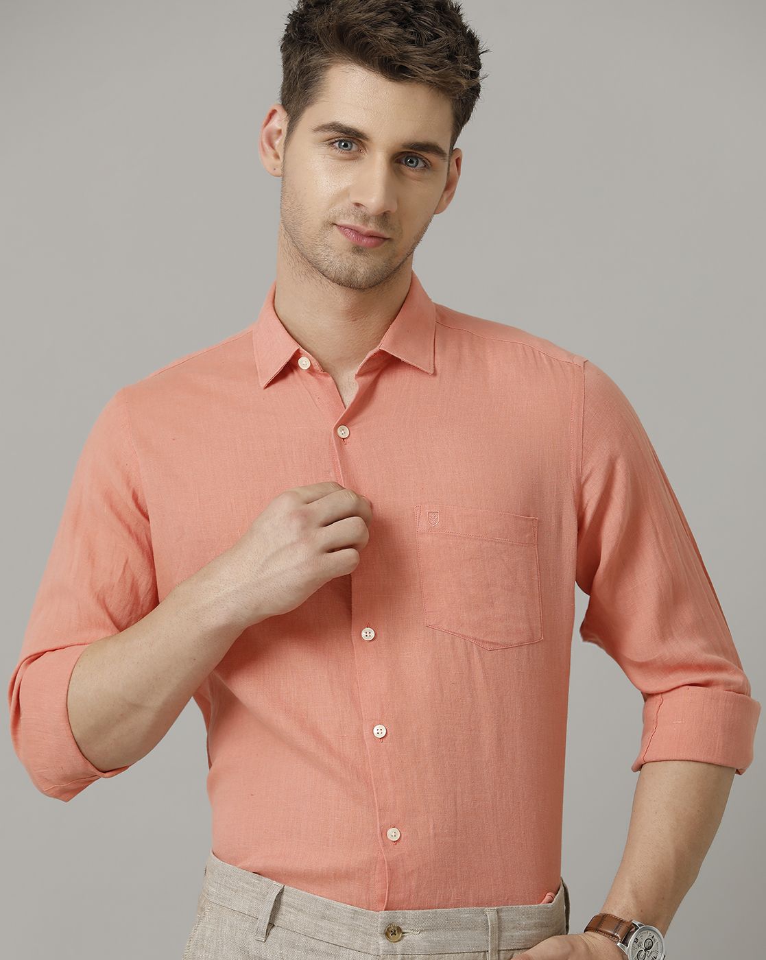 Men's Pure Linen Red Solid Contemporary Fit Full Sleeve Casual Shirt