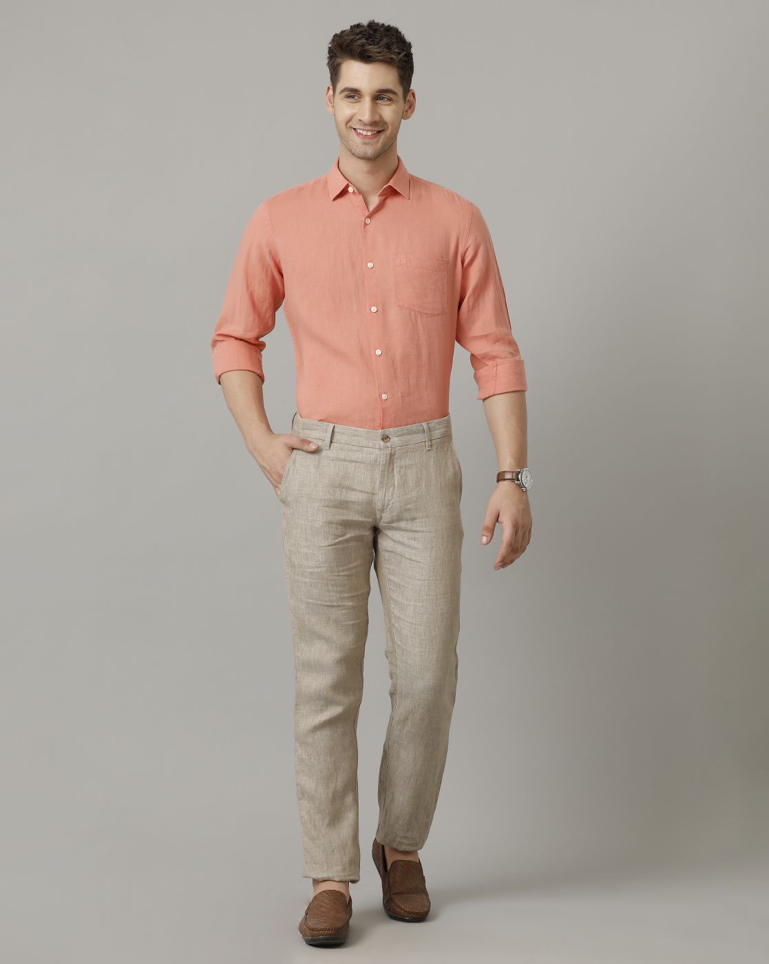 Men's Pure Linen Red Solid Contemporary Fit Full Sleeve Casual Shirt