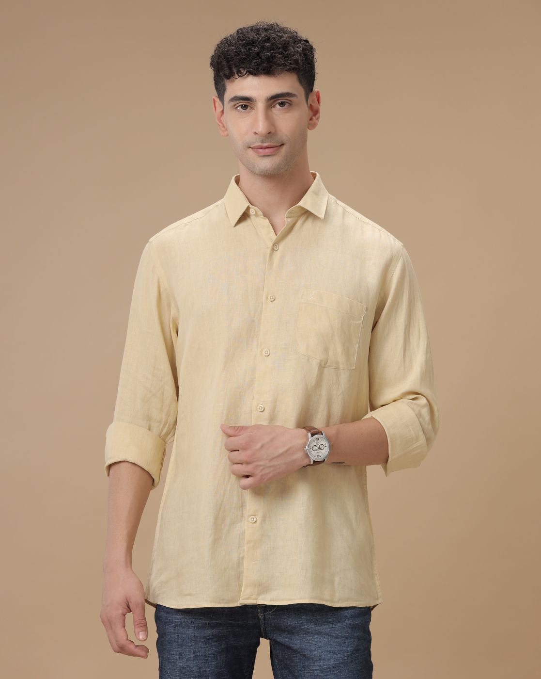 Men's Pure Linen Yellow Solid Contemporary Fit Full Sleeve Casual Shirt