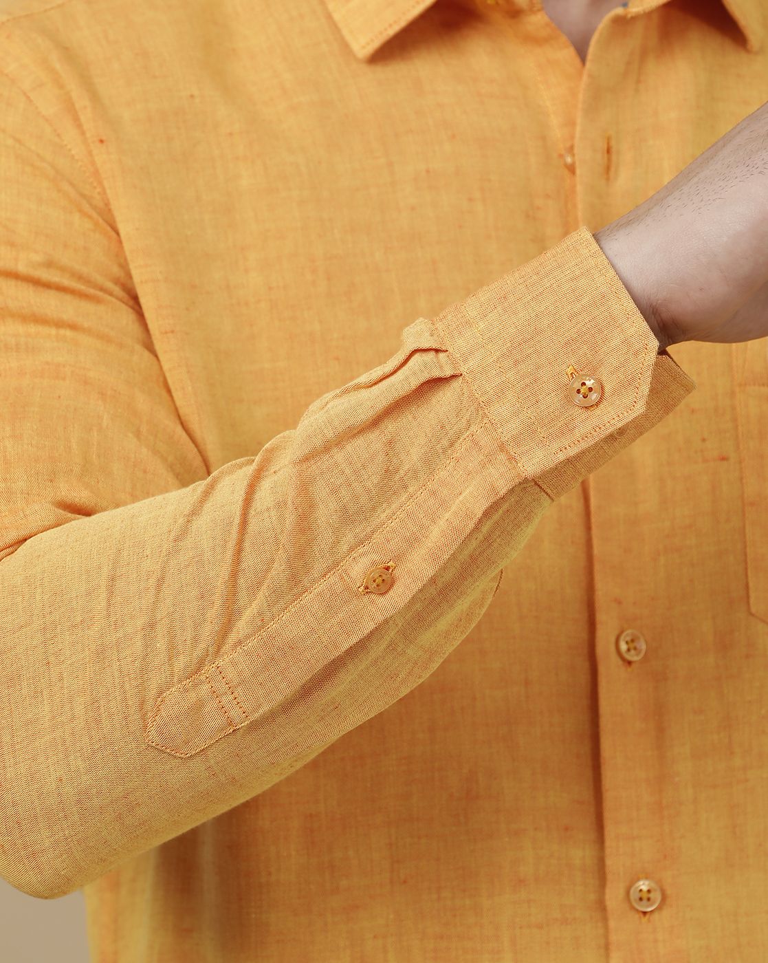 Linen Club Men's Linen Rich Yellow Solid Contemporary Fit Full Sleeve Casual Shirt