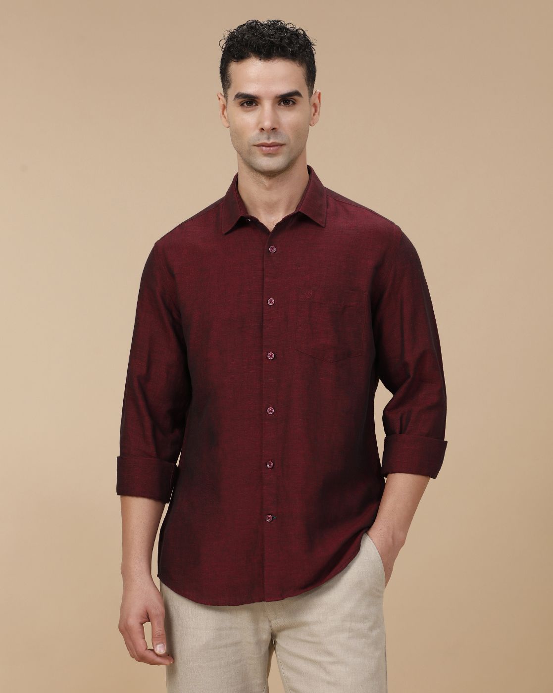 Linen Club Men's Linen Rich Maroon Solid Contemporary Fit Full Sleeve Casual Shirt