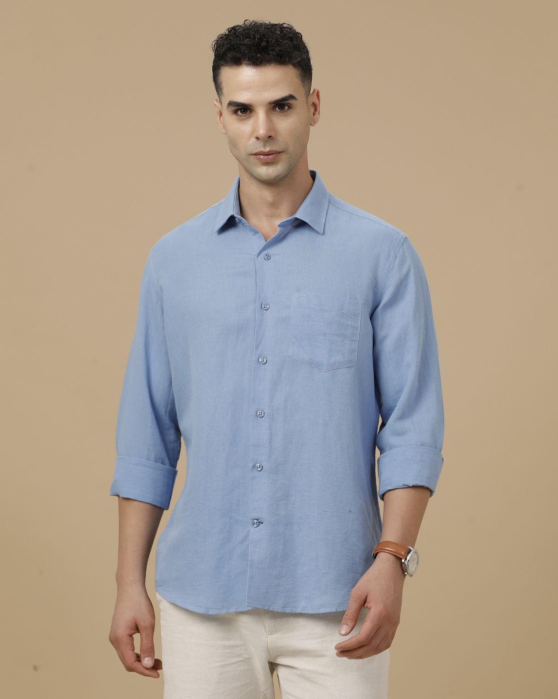 Linen Club Men's Linen Rich Blue Solid Contemporary Fit Full Sleeve Casual Shirt