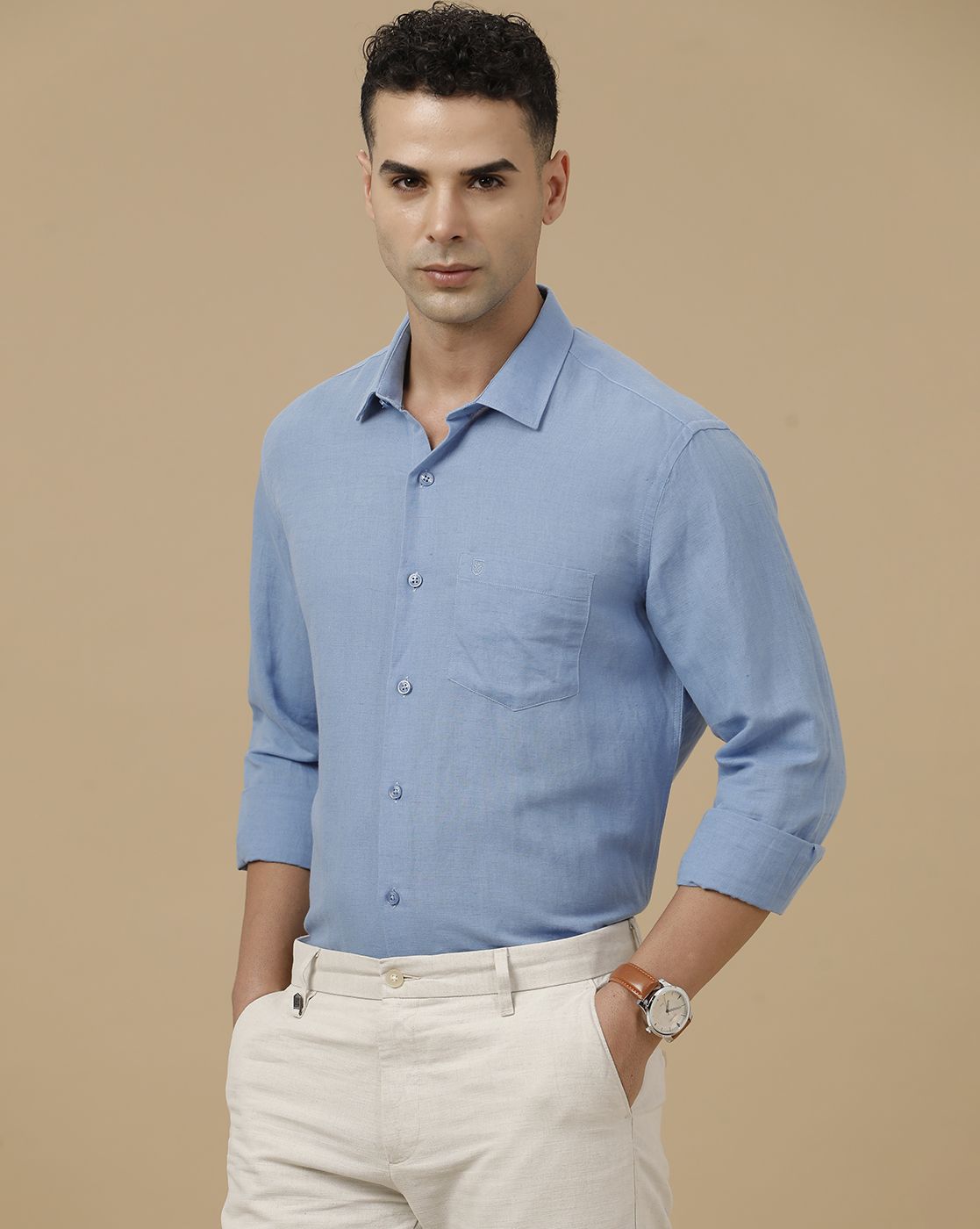 Linen Club Men's Linen Rich Blue Solid Contemporary Fit Full Sleeve Casual Shirt