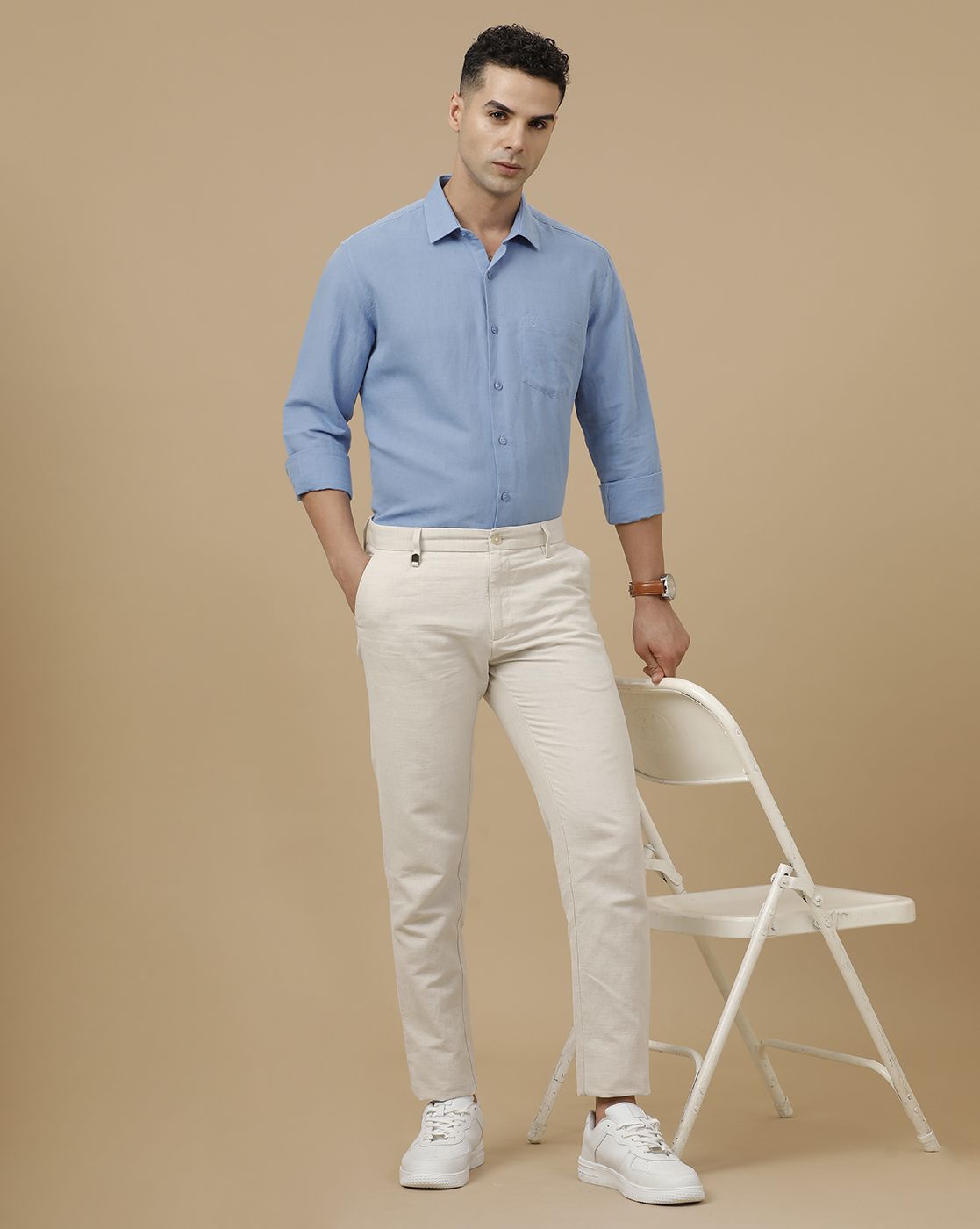 Linen Club Men's Linen Rich Blue Solid Contemporary Fit Full Sleeve Casual Shirt