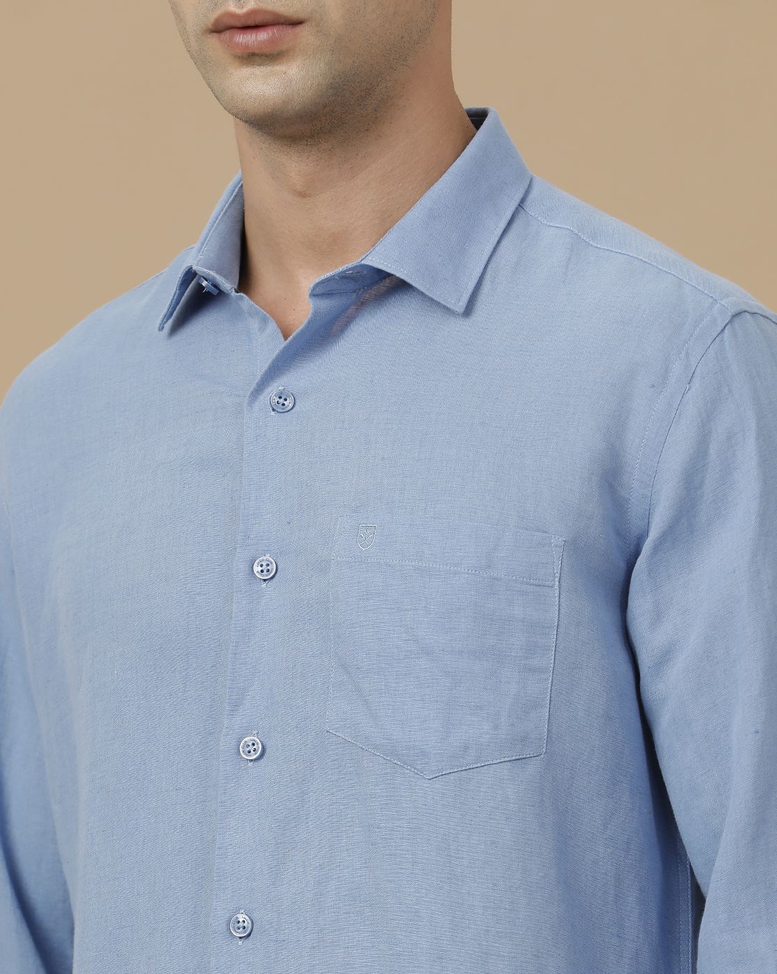 Linen Club Men's Linen Rich Blue Solid Contemporary Fit Full Sleeve Casual Shirt