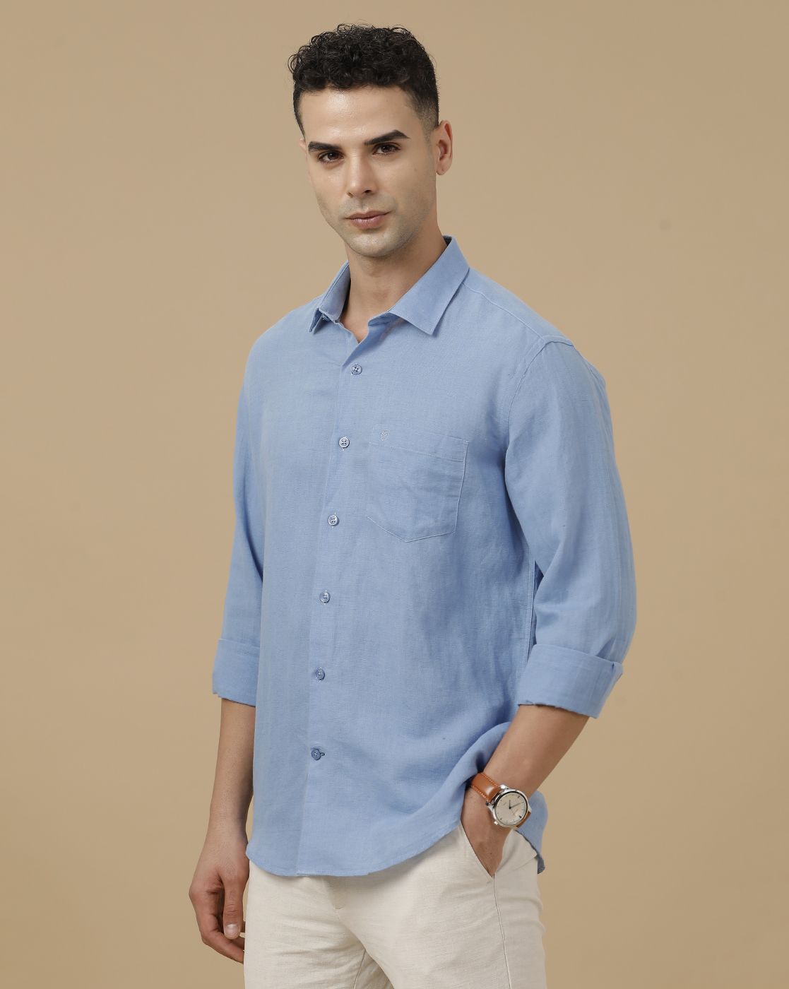 Linen Club Men's Linen Rich Blue Solid Contemporary Fit Full Sleeve Casual Shirt