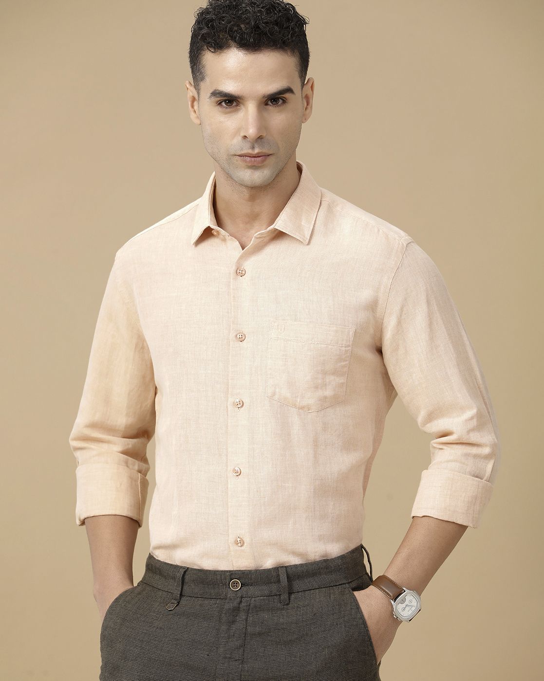 Linen Club Men's Linen Rich Orange Solid Contemporary Fit Full Sleeve Casual Shirt