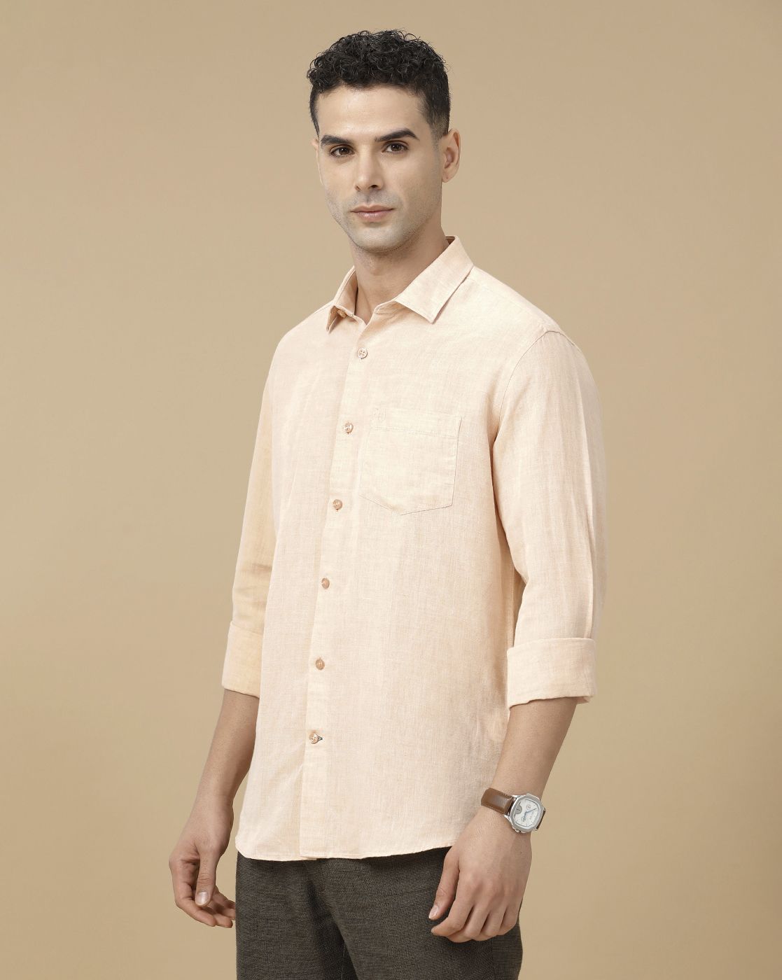 Linen Club Men's Linen Rich Orange Solid Contemporary Fit Full Sleeve Casual Shirt