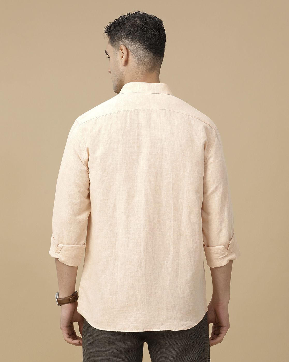 Linen Club Men's Linen Rich Orange Solid Contemporary Fit Full Sleeve Casual Shirt